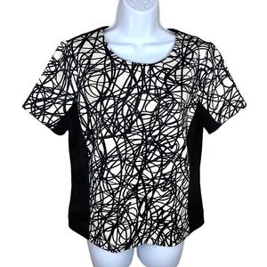 Calvin Klein Black White Stretch Blouse Top Short Sleeve Abstract Small